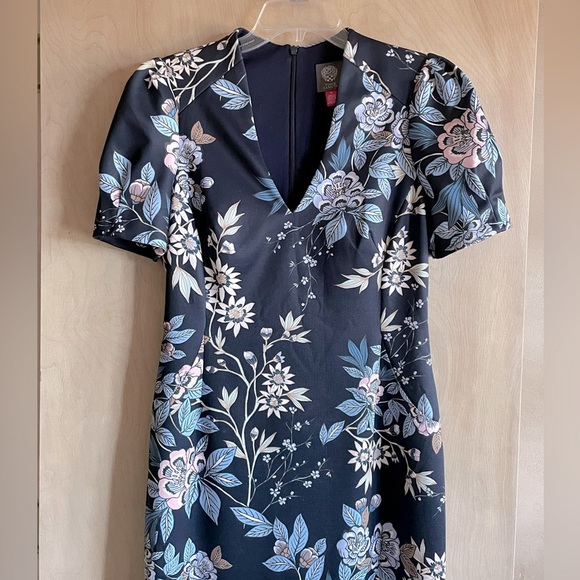 Vince Camuto Floral Navy Blue White Puff Sleeve Sheath Dress Size M 10 - Picture 4 of 15